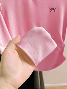 Camiseta casual de mujer con mangas raglán, estampado de lazo y contraste de color - Rosa - Ver 4