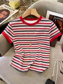 Camiseta casual de mujer de manga corta con cuello redondo, estampado de corazón y bloques de color - Blanco 3 - Ver 6
