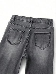 Explorewe Jeans de mezclilla estilo Y2K versátiles lavados y desgastados con pierna acampanada y elásticos para niñas adolescentes - Azul - Ver 6