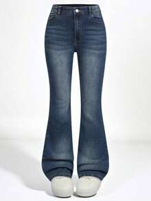 Explorewe Jeans de mezclilla estilo Y2K versátiles lavados y desgastados con pierna acampanada y elásticos para niñas adolescentes - Azul lavado medio - Ver 7