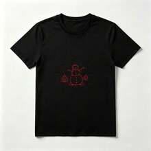 Playera Invernal con Estampado de Muñeco de Nieve Rojo de Algodón Negro - Negro - Ver 1