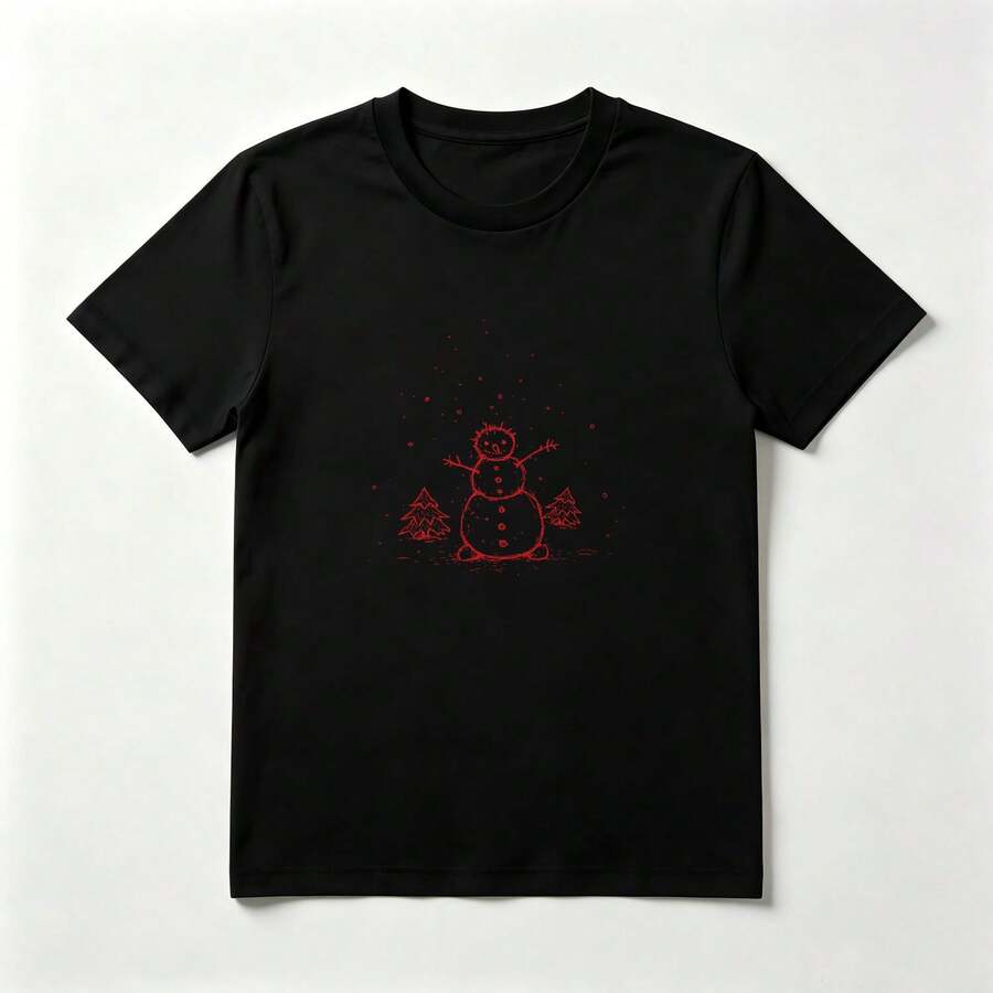 Playera Invernal con Estampado de Muñeco de Nieve Rojo de Algodón Negro - Negro - Ver 1