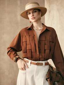 Camisa de mujer de tejido liso de punto a mano con hombros rectos, mangas largas, abertura media, diseño de estructura de punto a mano, uso casual, camisa marrón para verano y primavera - Óxido marrón - Ver 7