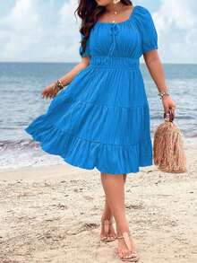Clasi Vestido corto de manga corta en color burdeos de uso diario, sencillo y liso para mujeres de talla grande - Azul - Ver 6