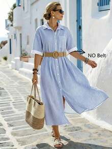 Holidaya Vestido casual de mujer con bolsillo, cuello de solapa y rayas, para verano - Azul - Ver 7