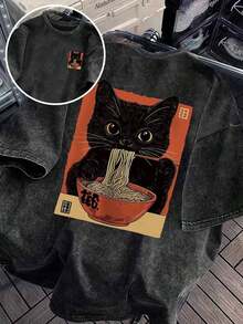 Short-Sleeve T-Shirt With A Ramen Cat Print, Unique Small-Batch Design, Plus-Size Washed Cotton Women's Clothing, Everyday Wear, Snowflake Print Fabric, Comfortable Crew Neck Loose Casual Top, Distressed Vintage T-Shirt, Standard Fit Women's Clothing, Spring/Summer Clothing, Plus Size 's Vintage Washed Loose Print Summer T-Shirt - 黑色 - 查看 4