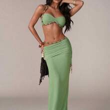Women's Casual Vacation Ruched Waist Chain Decor Skirt, Suitable For Beach Vacation, Romantic Date, Pool Party, Beach Party, Elegant And Sexy Skirt - Verde - Ver 2