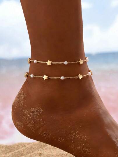 2pcs Gold Star & Faux Pearl Multi-Layer Anklet, Boho Beach Jewelry, Adjustable Anklet Accessory (Chain Length Customized, Random Placement Of Faux Pearl & Star Charms)
