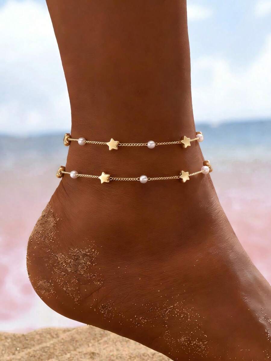 2pcs Gold Star & Faux Pearl Multi-Layer Anklet, Boho Beach Jewelry, Adjustable Anklet Accessory (Chain Length Customized, Random Placement Of Faux Pearl & Star Charms) - Gold - View 1