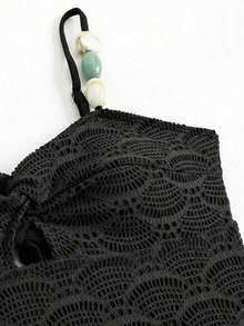Swim Oasis Conjunto de traje de baño elegante y minimalista de estilo de dama de alta gama con diseño de cuentas de color contrastante y tela texturizada calada, serie 26ss, estilo de fiesta en la playa y resort, una pieza - Negro - Ver 5