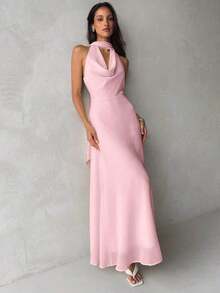 Vestido de mujer con cuello drapeado, línea A y espalda descubierta en color amarillo fluido - Rosa Pálido - Ver 3