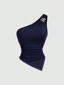 Blusa de unicolor minimalista con cuello asimétrico y hebilla de metal para mujer - Multicolor 11 - Ver 6