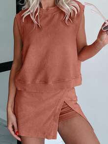 Womens Early Fall Two-Piece Casual Mineral Washed Cotton Tank Top And Slit Mini Skirt Set - 鏽棕色 - 查看 5