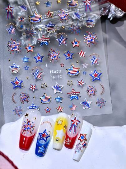 4th Of July Nail Art Stickers, Red White Blue Star Flag Elements, Metallic Foil Holiday Nail Art DIY Decor