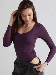 Women's Ribbed U-Neck Long Sleeve Bodysuit - Sculpting Stretch One-Piece Top For Casual, Lounge & Streetwear - Purple - View 2