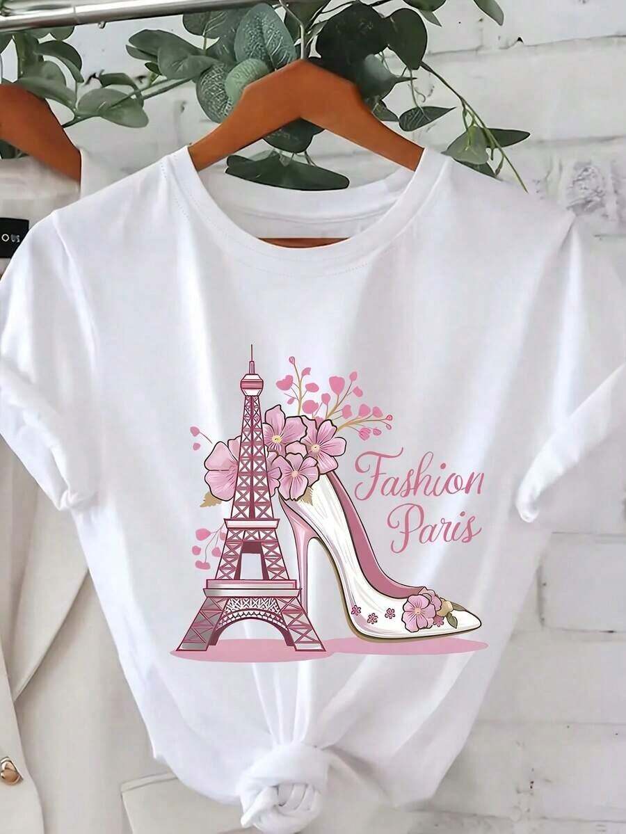 Plus Size Basic T-Shirts For Women - Casual Short Sleeve T-Shirts, Lightweight Essentials For Summer Wardrobe, Parisian Style Eiffel Tower Floral Print Short Sleeve T-Shirt For Women - Comfortable Round Neck Loose Fit Top, Modern And For Casual Summer And Spring Travel And Vacation, Comfortable Fabric, Vibrant Digital Print, Breathable And Comfortable. - 白色 - 查看 1