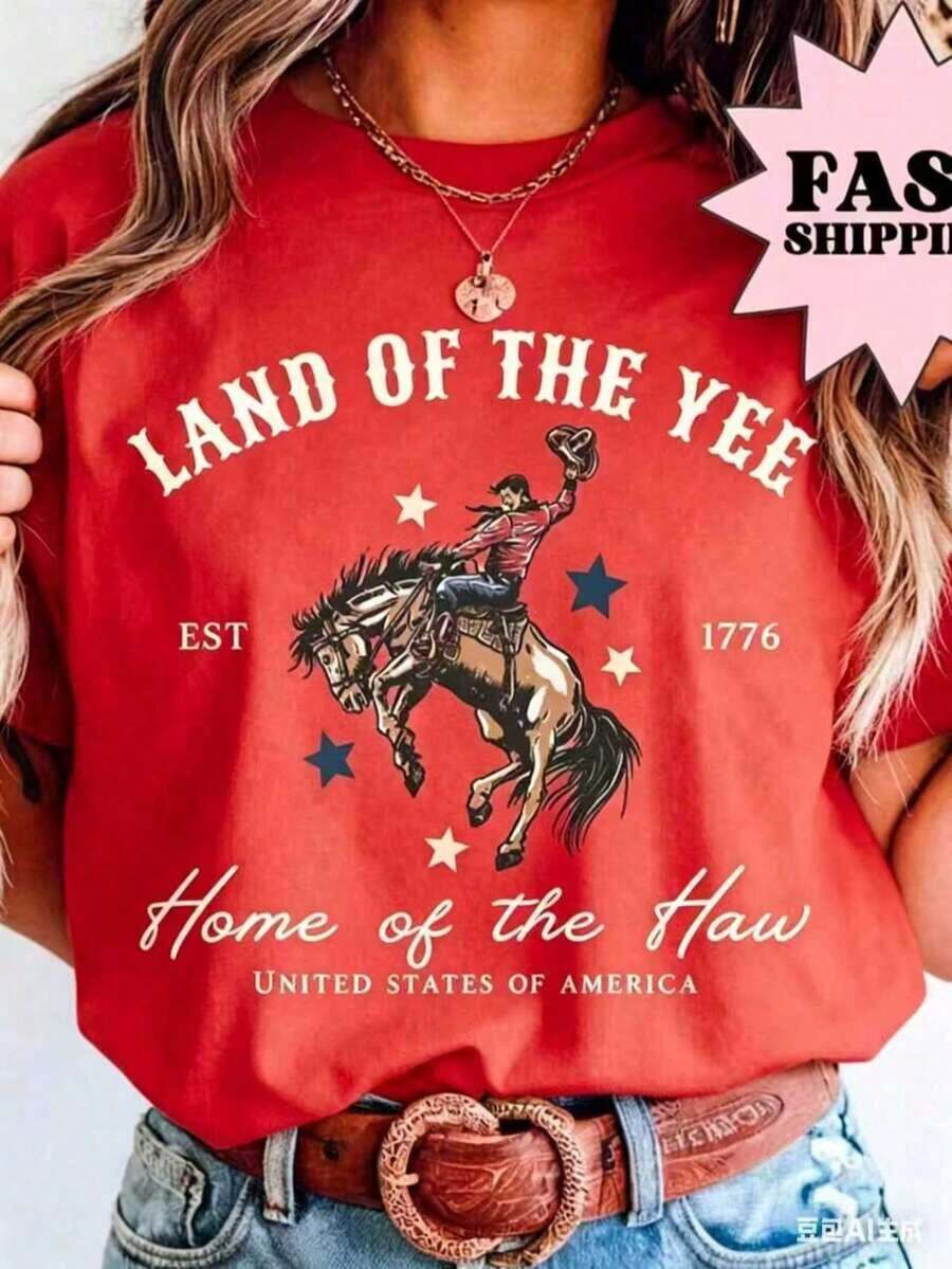 Camiseta del 4 de julio, Camiseta de EE. UU., Camiseta del 4 de julio, Camiseta Yee Haw, Camiseta de vaquero, Camiseta del 4 de julio estilo western, Camiseta Land Of The Yee, Camiseta de algodón 100% de manga corta, estilo clásico, de algodón grueso, con estampado gráfico, Top casual de manga corta para mujer, Nueva camiseta elegante, Camisetas casuales de manga corta para hombre y mujer - Camiseta unisex de algodón holgada de manga corta y cuello redondo, estilo vintage urbano. - Rojo - Ver 1