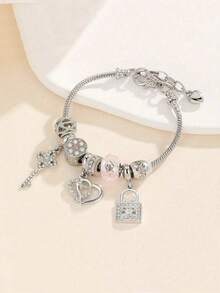 1 chiếc vòng tay charm nữ đeo hàng ngày, kiểu dáng dây rắn, khóa hình trái tim đính đá, màu bạc, họa tiết lãng mạn, thích hợp cho ngày Valentine. - Nhiều màu - Xem 4