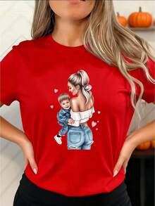 Women's T-Shirts, Mother's Day T-Shirt, Casual Printed T-Shirt For Women, Limited Edition For Mother's Day, Denim Style Printed T-Shirt For Mother And Daughter - Spring/Summer, Soft And Breathable, Short Sleeve, Crew Neck, Casual Style, Machine Washable, Regular Fit, Machine Washable, A Gift For Mom, Suitable For Daily Wear, Outdoor Activities, Casual And Holiday Occasions. Mother's Day T-Shirt - 紅色 - 查看 6