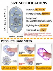 KELEEL 2/4pcs Wireless Car Interior LED Lights, 7 Color Car Interior Light Strip With 6 Bright LED Beads, Portable USB Rechargeable Car Interior LED Night Light For Car Decor - Upgraded - Magnetic Version - View 7