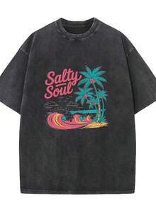 Camiseta lavada, de corte holgado, negra, con estampado de palmeras y tablas de surf, ropa de playa. - Negro - Ver 1