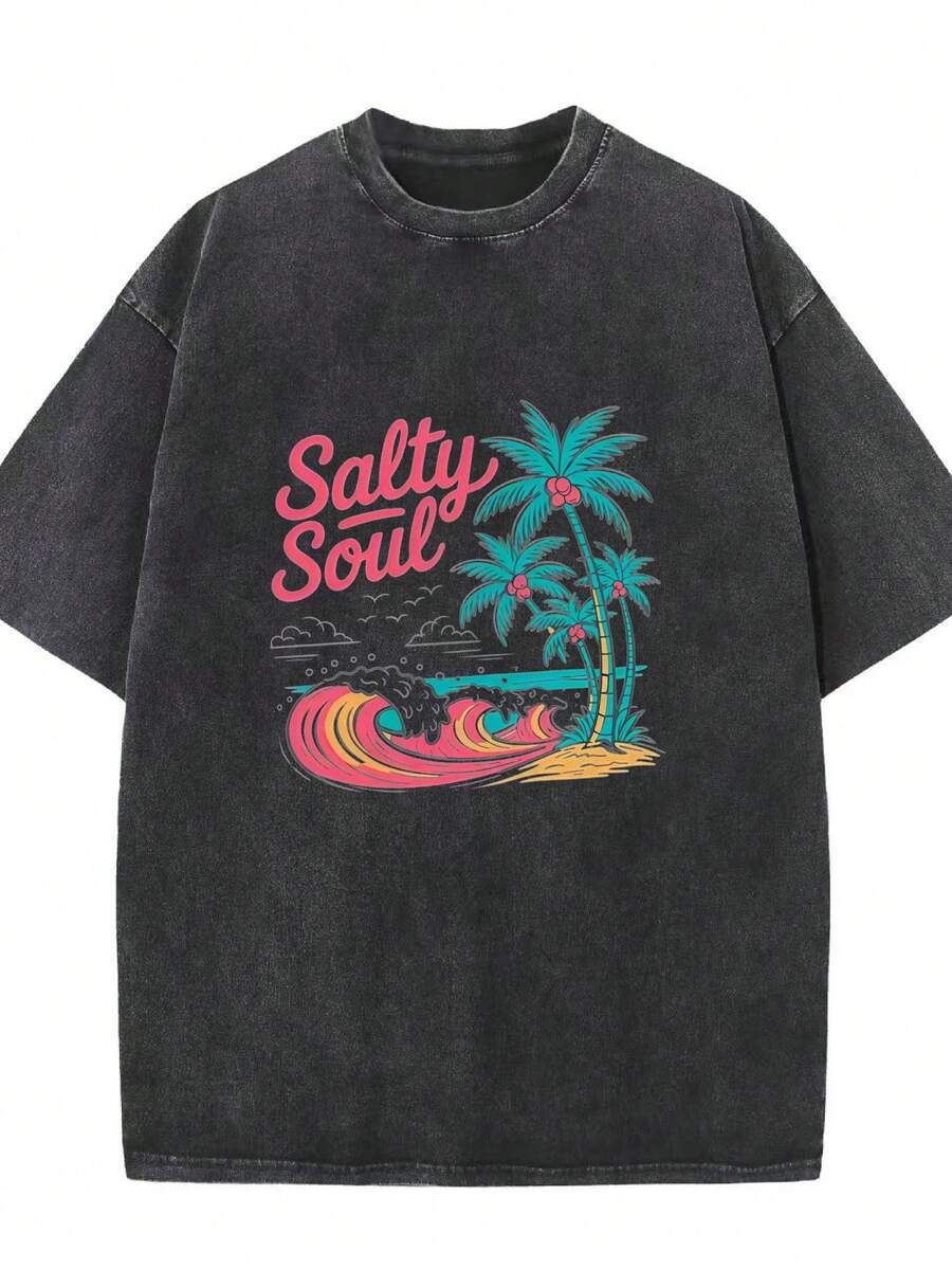 Camiseta lavada, de corte holgado, negra, con estampado de palmeras y tablas de surf, ropa de playa. - Negro - Ver 1