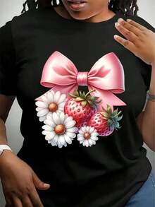 Camiseta Vintage de Fresas, Camiseta con Lazo, Camiseta de Frutas, Camiseta con Estampado de Fresas, Camiseta a la Moda, Ropa Casual de Verano de Manga Corta con Cuello Redondo, Camiseta para Mujer. La camiseta de moda para mujer es fresca y cómoda. - Negro - Ver 1