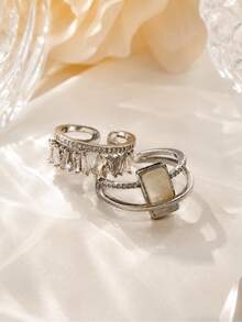 Bộ 2 chiếc nhẫn hở bằng đồng, kiểu dáng thanh lịch, đính đá Cubic Zirconia, hình học, có thể điều chỉnh kích thước, dành cho nữ, thích hợp dự tiệc. - Bạc - Xem 5
