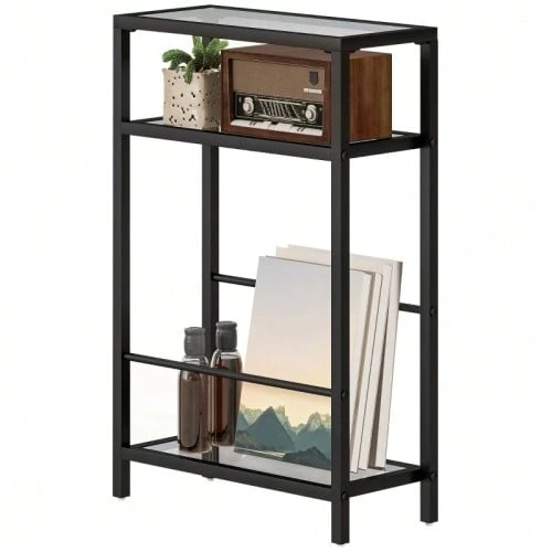 Side Table, Small 3-Tier Coffee Table, Tempered Glass Top, Modern Bedside/Coffee Table With Steel Frame For Living Room, Bedroom, Black - Black - View 1