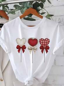 Heart-Shaped Lollipop Print T-Shirt - Stylish White T-Shirt With Unique Heart Designs, Including Gold Stripes, Embroidered Textures, And Plaid Patterns - Perfect For Casual Outings, Summer Get-Togethers, And Boyfriend Gifts. - 白色 - 查看 5
