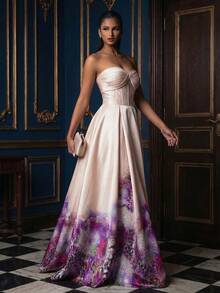 Elegant Strapless Maxi Dress For Women, With Zipper Detail And Flared Hem Design, Suitable For Formal Evening Occasions Wedding Party - Champagne - View 6
