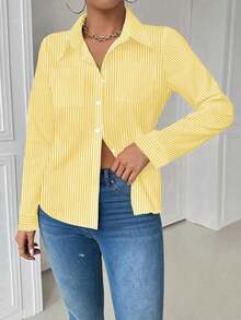 Blusa blanca de manga larga con bolsillo y ajuste ceñido para mujer - Mostaza Amarilla - Ver 3