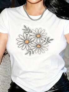 Women's Daisy Print T-Shirt - Pastel Lavender With White Daisies And Green Foliage, Soft Crew Neck, Short Sleeve, Casual Style, All-Season Comfort, Machine Washable, Versatile For Everyday And Formal Wear, Valentine's Day Gift, Birthday Outfit, Floral Blouse For Women - 白色 - 查看 6