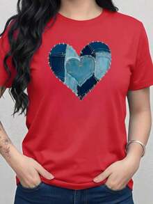 Camiseta blusa playera grafica dama mujer casual manga corta cuello redondo básica estampado corazón corazones estilo imitación mezclilla denim vaquero diario día noche san Valentín día de los enamorados suave corte regular cómoda fresca ligera moderna juvenil y2k aesthetic - Rojo - Ver 6