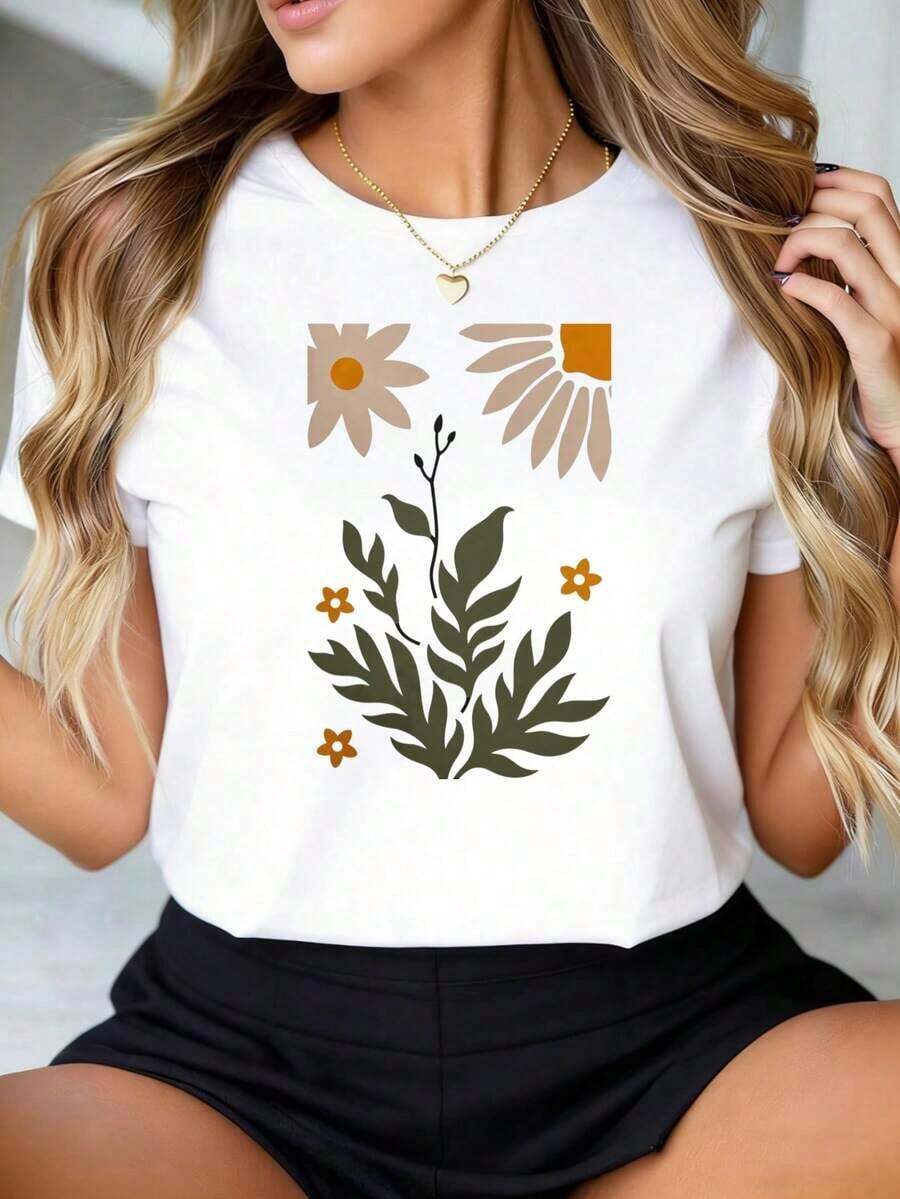 Playeras de Mujer 2026 Nueva Camiseta Popular para Mujer, Blanca con Estampado Floral, Manga Corta, Diseño de Margaritas y Hojas, para Mujer, Top Casual de Verano, Divertido Estampado, Cuello Redondo, Manga Corta, Adecuada para Eventos Deportivos, Fiestas, Salidas, Deportes y Otros Regalos Festivos. - Blanco - Ver 1