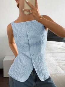 Camisa casual sin mangas de mujer con textura geométrica y abotonadura sencilla, con tela con textura geométrica y microfibra elástica, top ajustado para mujer, elegante y de moda para ir al trabajo, top camiseta casual y sencilla para todos los días, primavera/verano, top sin mangas, blusas de estilo antiguo, ropa occidental para mujer - Azul - Ver 1