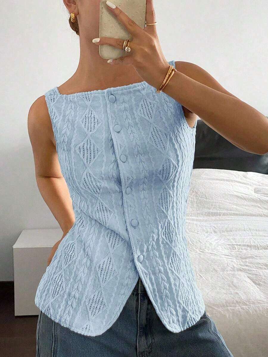 Camisa casual sin mangas de mujer con textura geométrica y abotonadura sencilla, con tela con textura geométrica y microfibra elástica, top ajustado para mujer, elegante y de moda para ir al trabajo, top camiseta casual y sencilla para todos los días, primavera/verano, top sin mangas, blusas de estilo antiguo, ropa occidental para mujer - Azul - Ver 1