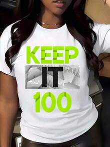 Camia Gráfica "Keep It 100" para Mujer - Texto Verde Neón con Diseño Atrevido - Camia Casual de Cuello Redondo para Uso Diario - Unisex, Adecuada para Atuendos Casuales Diarios, Camia de Verano de Manga Corta, Camia con Estampado Retro Y2K - Transpirable y cómoda. - Blanco - Ver 1
