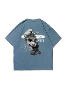 Camiseta de Algodón para Hombre, Negra, de Manga Corta, con Estampado Abstracto de Retrato Escultórico - Azul grisáceo - Ver 5