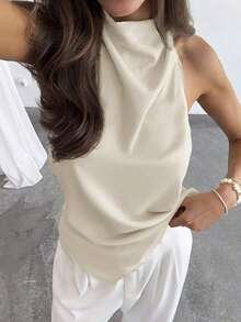 Blusa de mujer de unicolor con cuello halter, pliegues y bajo asimétrico - Beis - Ver 4