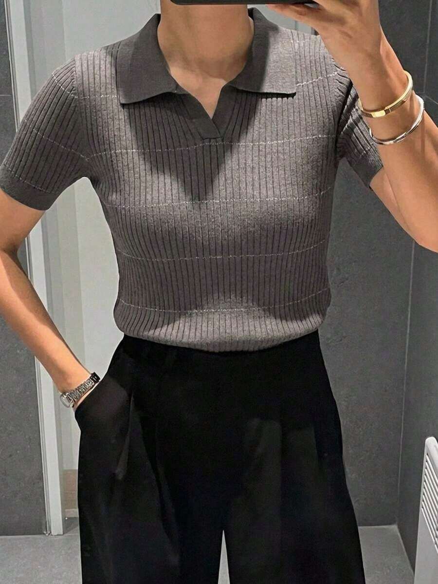 Suéter de mujer con cuello y mangas cortas a rayas para otoño - Gris - Ver 1