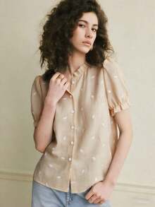 Camisa azul de mujer con cuello con volantes, mangas de pétalos y textura de tela suave, estilo francés casual de vacaciones, primavera/verano - Caqui - Ver 4
