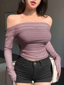 Blusa elástica de malla transparente con hombros descubiertos, para primavera/verano - Púrpura malva - Ver 6