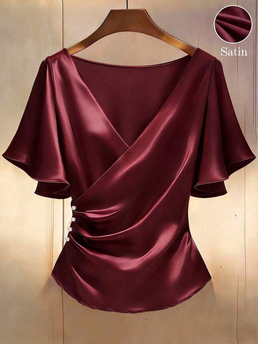 Blusa de satén elegante, blusa de manga corta, blusa de cuello en V, blusa de uso diario - Burdeos - Ver 1