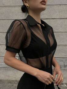 Blusa transparente de malla y gasa de manga corta minimalista para mujer, de estilo casual de negocios - Negro 2 - Ver 3