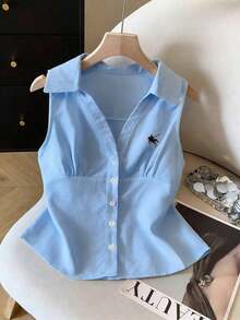 Camisa blanca sin mangas con cuello polo bordado para mujer, de primavera/verano, de estilo casual - Azul - Ver 3