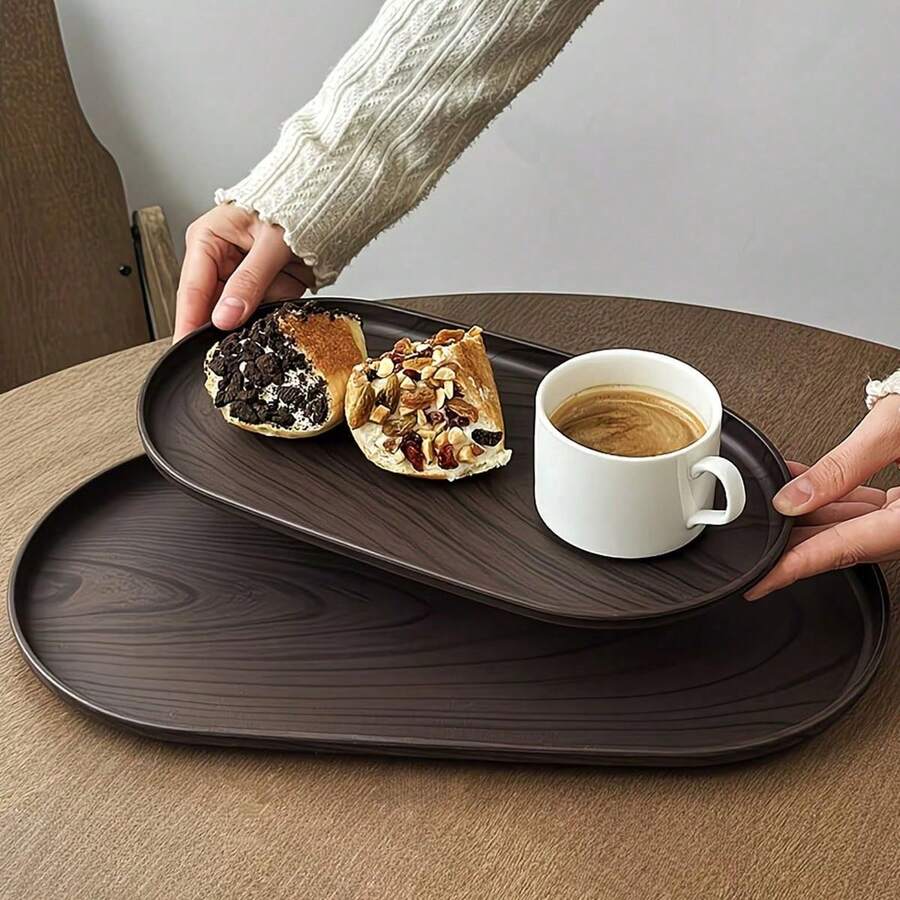 1个木纹椭圆形托盘 - 非常适合家庭餐具收纳;可用作杯托、首饰托盘或下午茶、咖啡、甜点和小吃的盛放盘。可重复使用,非常适合放置糖果和咖啡杯;适合户外用餐、享用小吃、厨房使用,也可作为装饰托盘。 - 棕色 - 查看 1