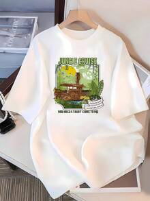 Paisaje tropical con barco navegando entre hojas de selva y sol dorado que transmite espíritu aventurero y amor por la naturaleza camiseta de mujer  cómoda para uso diario y viajes - Blanco - Ver 3