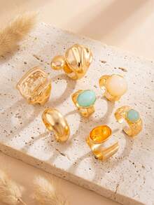 7pcs Vintage Geometric Jade Inlaid Ring Set, Thick Metal Gold Color Rings For Women, Suitable For Daily Wear And Party Decoration, Gift Jewelry Set (Ring Texture Random) - Gold - View 3