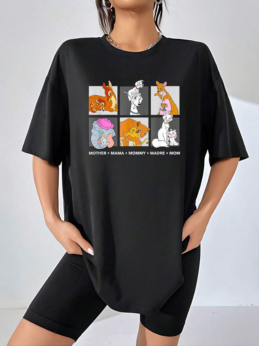 Ilustración de animales madre e hijo mostrando ternura y amor maternal con frases en varios idiomas que celebran el vínculo familiar en un estilo alegre y colorido camiseta de mujer - Negro - Ver 1